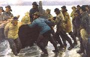 Michael Ancher Fishermen setting a rowing boat ashore oil